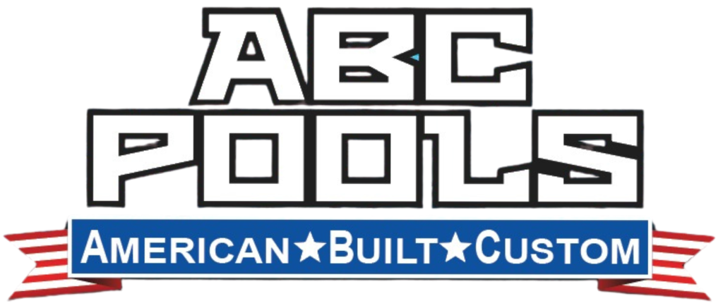 Logo for ABC Pools with bold, block letters. Below, a blue banner reads "American★Built★Custom" in white, flanked by stylized red and white stripes on each side.